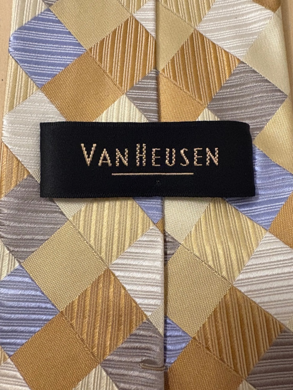 Van Heusen 100% Silk Geometric Diamond Tie - Gold/Silver/Blue Classic Width